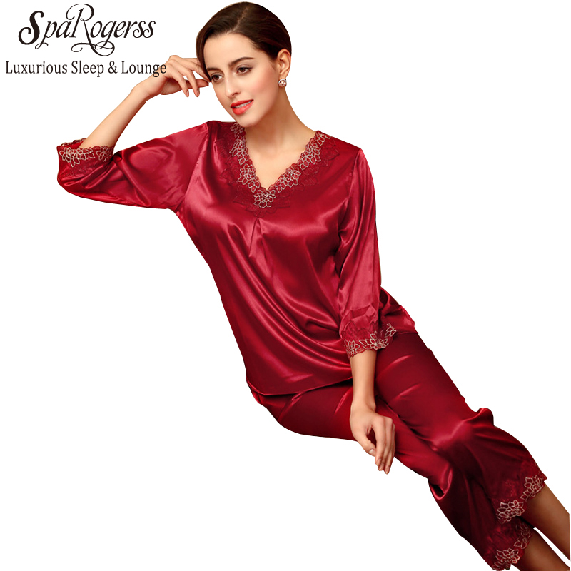 New Arrival Women Pajamas 2017 Pyjamas for Women Silk Satin Sleep Lounge Home Cloth Pijama Long Sleeve 2 Piece Pajama Set TZ028