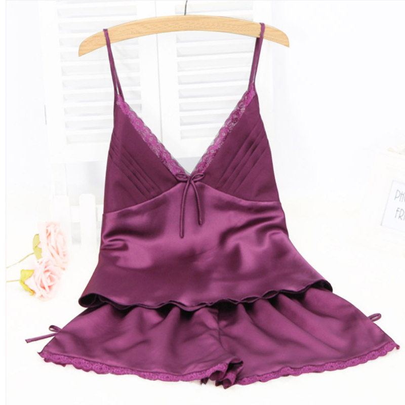 2016 summer style pajamas sets Women Female Sleep set Women's Deep V-neck Sexy Spaghetti Strap Shorts Sleepwear silk homewear