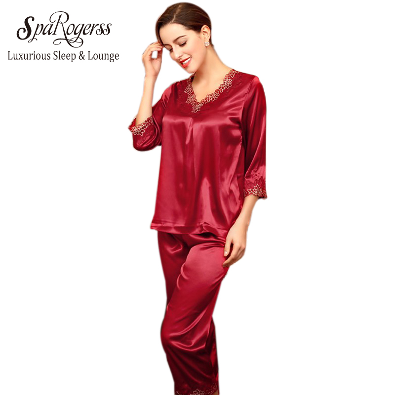 New Arrival Women Pajamas 2017 Pyjamas for Women Silk Satin Sleep Lounge Home Cloth Pijama Long Sleeve 2 Piece Pajama Set TZ028