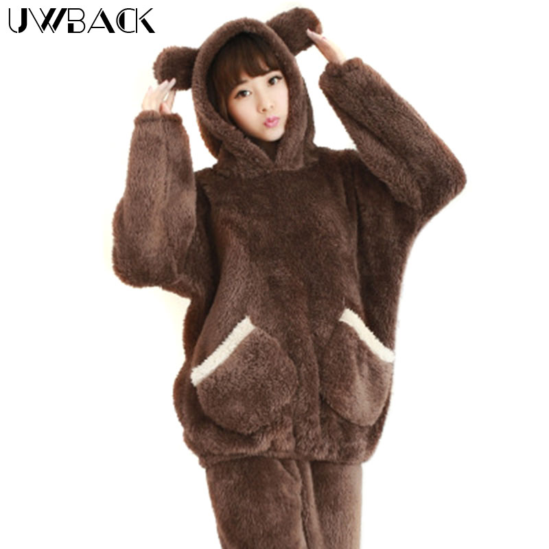 Uwback 2016 Winter Brand Flannel Pajamas Sets For Women Bear Sleepwear Set For Couple Coral Fleece Nightwear Female OB271