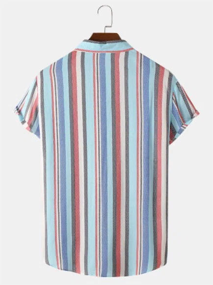 Mens Colorful Stripe Lapel Button Up Short Sleeve Preppy Shirt